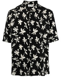 Мужская черная шелковая рубашка с коротким рукавом с цветочным принтом от Saint Laurent