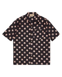 Мужская черная шелковая рубашка с коротким рукавом со звездами от Gucci