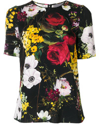 Женская черная шелковая футболка с цветочным принтом от Dolce & Gabbana