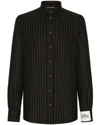 Мужская черная шерстяная рубашка с длинным рукавом в вертикальную полоску от Dolce & Gabbana