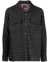 Мужская черная шерстяная рубашка с длинным рукавом с леопардовым принтом от Needles