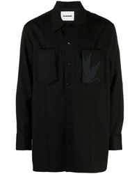 Мужская черная шерстяная рубашка с длинным рукавом с украшением от Jil Sander