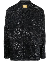 Черная шерстяная рубашка с длинным рукавом с цветочным принтом