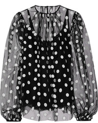 Черная шифоновая блузка с длинным рукавом в горошек от Dolce & Gabbana