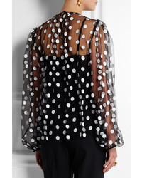 Черная шифоновая блузка с длинным рукавом в горошек от Dolce & Gabbana