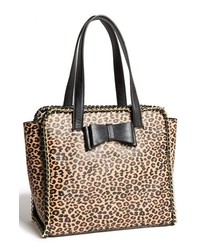 Черно-бежевая кожаная большая сумка с леопардовым принтом