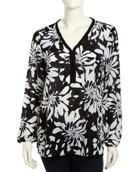 Черно-белая блузка с длинным рукавом с цветочным принтом
