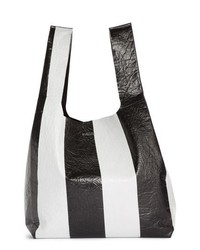 Черно-белая кожаная большая сумка в вертикальную полоску