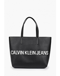 Черно-белая кожаная большая сумка с принтом от Calvin Klein Jeans