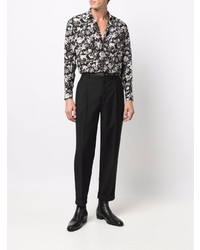 Мужская черно-белая рубашка с длинным рукавом с цветочным принтом от Saint Laurent
