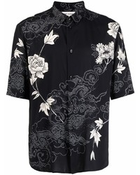 Мужская черно-белая рубашка с коротким рукавом с цветочным принтом от Saint Laurent