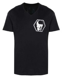 Мужская черно-белая футболка с v-образным вырезом с принтом от Philipp Plein