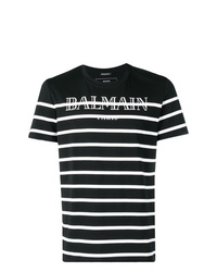 Мужская черно-белая футболка с круглым вырезом в горизонтальную полоску от Balmain