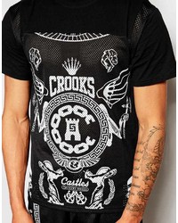 Мужская черно-белая футболка с круглым вырезом в сеточку с принтом от Crooks & Castles