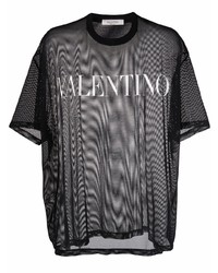 Мужская черно-белая футболка с круглым вырезом в сеточку с принтом от Valentino