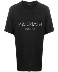 Мужская черно-белая футболка с круглым вырезом с вышивкой от Balmain