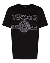 Мужская черно-белая футболка с круглым вырезом с вышивкой от Versace