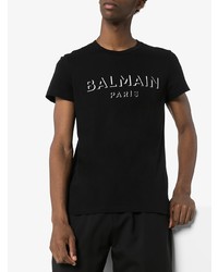 Мужская черно-белая футболка с круглым вырезом с принтом от Balmain