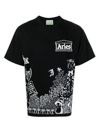 Мужская черно-белая футболка с круглым вырезом с принтом от Aries