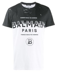 Мужская черно-белая футболка с круглым вырезом с принтом от Balmain