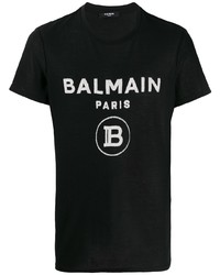 Мужская черно-белая футболка с круглым вырезом с принтом от Balmain