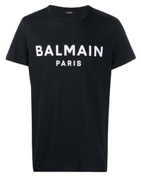 Мужская черно-белая футболка с круглым вырезом с принтом от Balmain