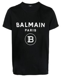 Мужская черно-белая футболка с круглым вырезом с принтом от Balmain