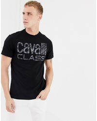 Мужская черно-белая футболка с круглым вырезом с принтом от Cavalli Class