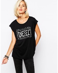 Женская черно-белая футболка с круглым вырезом с принтом от Diesel