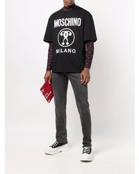 Мужская черно-белая футболка с круглым вырезом с принтом от Moschino