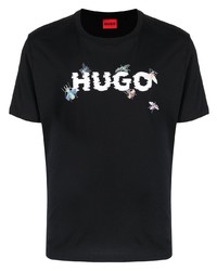Мужская черно-белая футболка с круглым вырезом с принтом от Hugo
