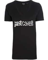 Женская черно-белая футболка с круглым вырезом с принтом от Just Cavalli