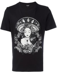 Женская черно-белая футболка с круглым вырезом с принтом от Just Cavalli