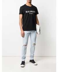 Мужская черно-белая футболка с круглым вырезом с принтом от Balmain