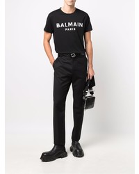 Мужская черно-белая футболка с круглым вырезом с принтом от Balmain