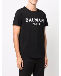 Мужская черно-белая футболка с круглым вырезом с принтом от Balmain