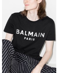 Мужская черно-белая футболка с круглым вырезом с принтом от Balmain