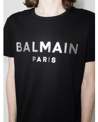 Мужская черно-белая футболка с круглым вырезом с принтом от Balmain