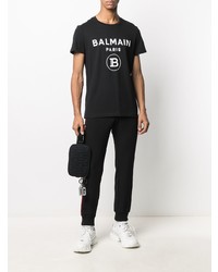 Мужская черно-белая футболка с круглым вырезом с принтом от Balmain