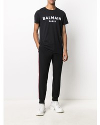 Мужская черно-белая футболка с круглым вырезом с принтом от Balmain