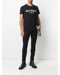 Мужская черно-белая футболка с круглым вырезом с принтом от Balmain