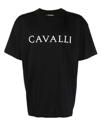 Мужская черно-белая футболка с круглым вырезом с принтом от Roberto Cavalli