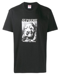 Мужская черно-белая футболка с круглым вырезом с принтом от Supreme