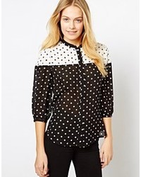 Черно-белая шелковая блуза на пуговицах в горошек от The Style