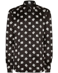 Мужская черно-белая шелковая рубашка с длинным рукавом с принтом от Dolce & Gabbana