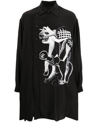 Мужская черно-белая шелковая рубашка с длинным рукавом с принтом от Yohji Yamamoto