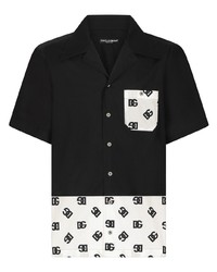 Мужская черно-белая шелковая рубашка с коротким рукавом с принтом от Dolce & Gabbana