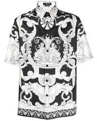 Мужская черно-белая шелковая рубашка с коротким рукавом с принтом от Versace