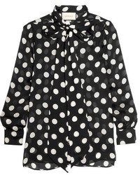 Женская черно-белая шифоновая классическая рубашка в горошек от Gucci