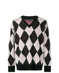 Черно-белый свитер с v-образным вырезом с ромбами